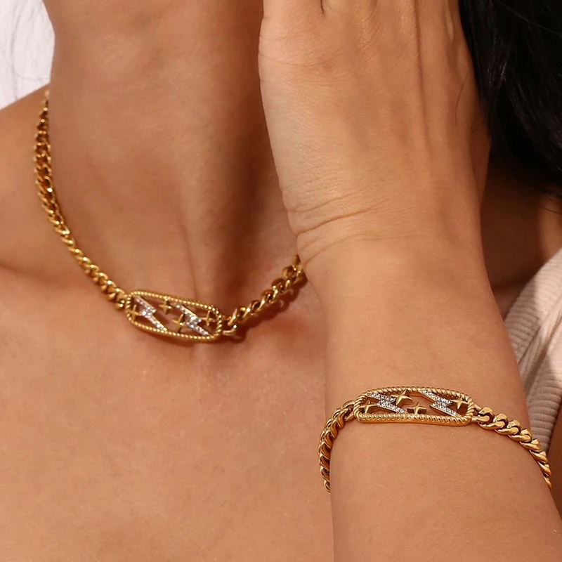 18K Gold Plated Twisted Zircon Lightning Choker Necklace Unisex Star Pendant with Link Chain Silver Cuban Chain Necklace