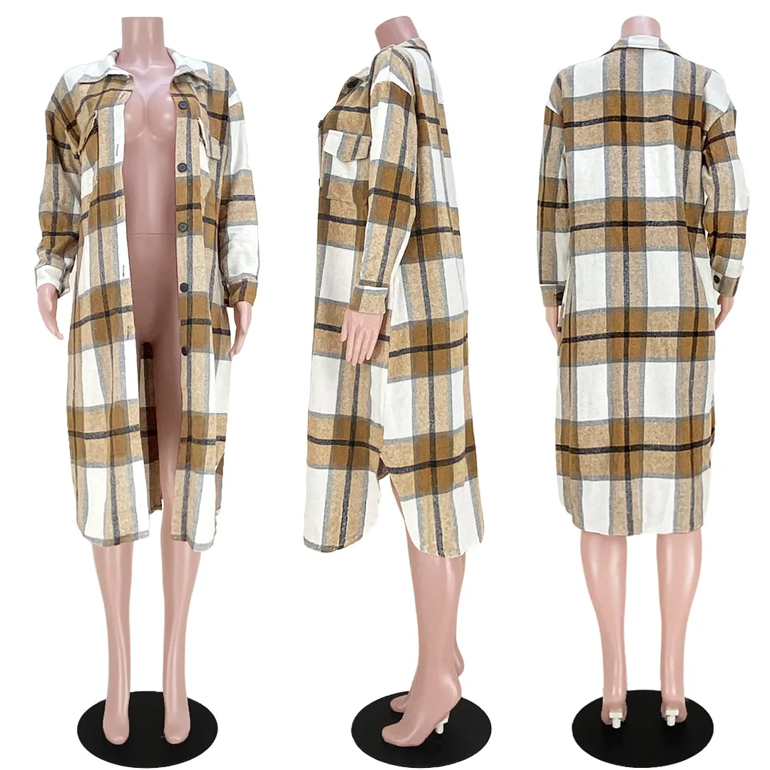 2021 Fashion Winter Outwear Women Clothing Pocketed Grid Pattern Overcoat Knit Cardigan Long Trench Coat