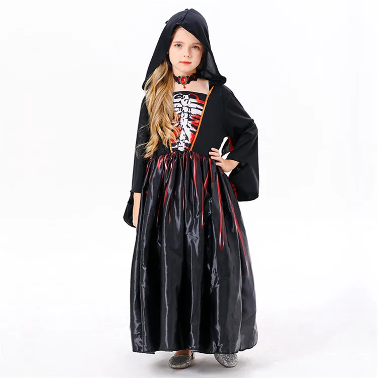 Supplier Wholesale Kids Halloween Costume Skeleton Girl Cosplay Wicked Witch Fancy Dress