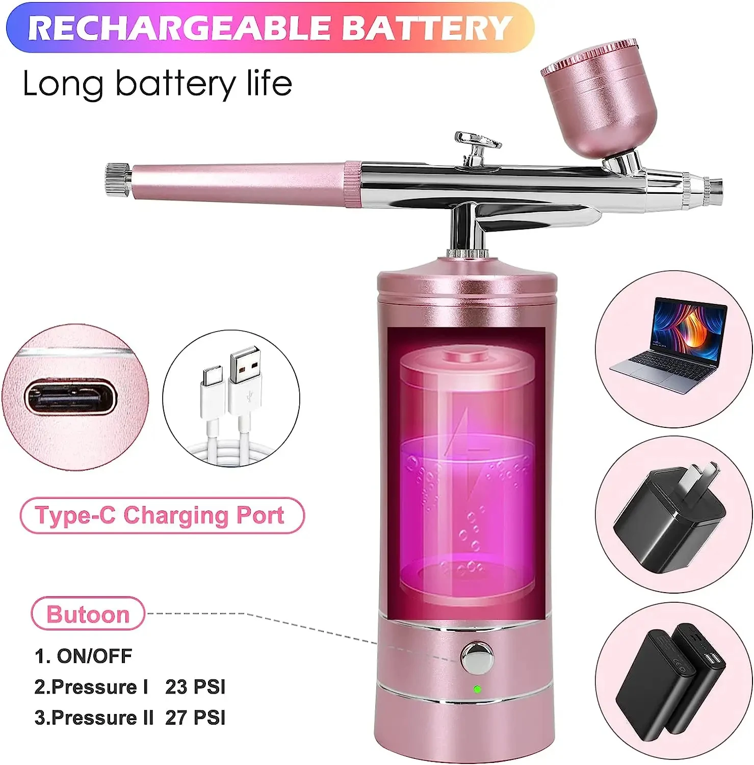 2024  Nail Art Tattoo Cake Makeup Rechargeable Airbrush Compressor Kit Air Brush Sprayer Gun Water Oxygen Deep Hydrating Machine