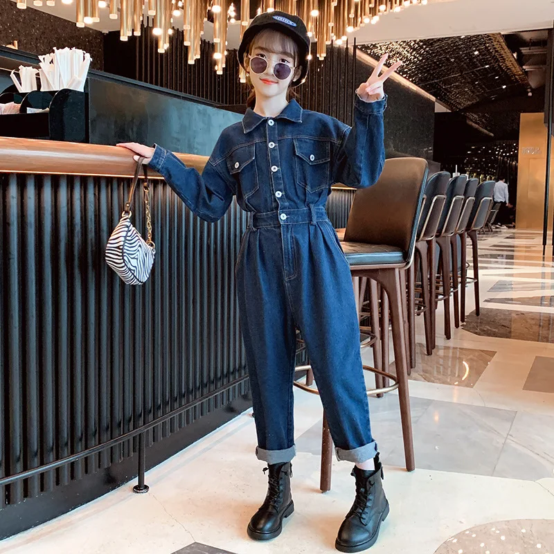 2021 new western style cowboy little girl waist little girl autumn style big kid Girls denim jumpsuit