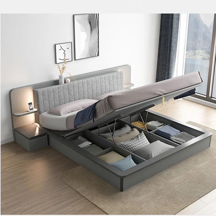 Modern Style Cheap 1.8 M Queen King Size Beds with LED Lamp Lighting Storage Wooden Fabric Bedroom Furniture 1 Set as Sample MDF