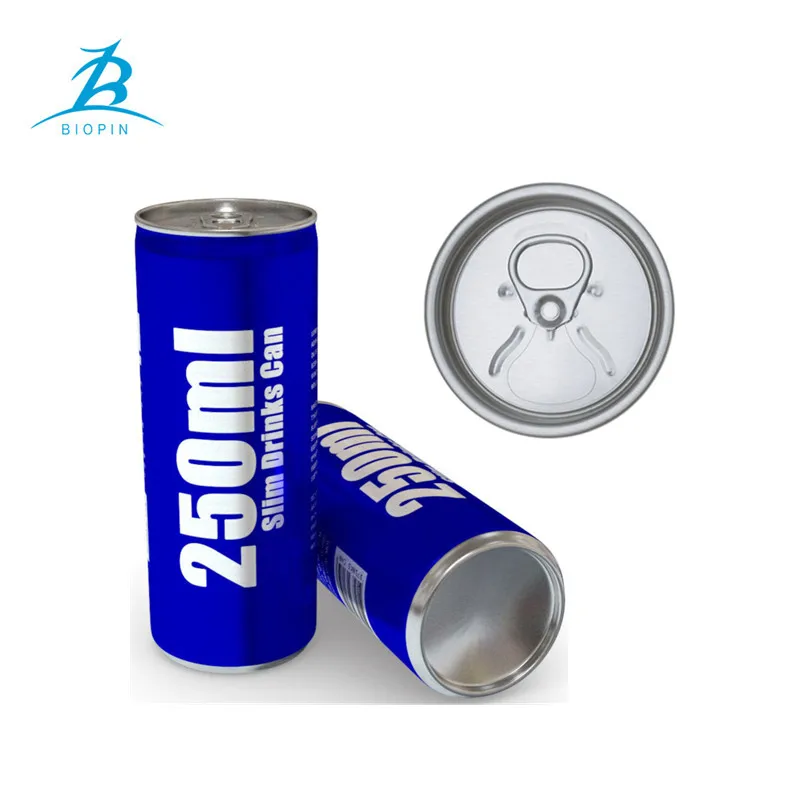 Empty printed metal aluminum can 250ml slim cans with 200#SOT lid for soda energy drink beverage beer packaging