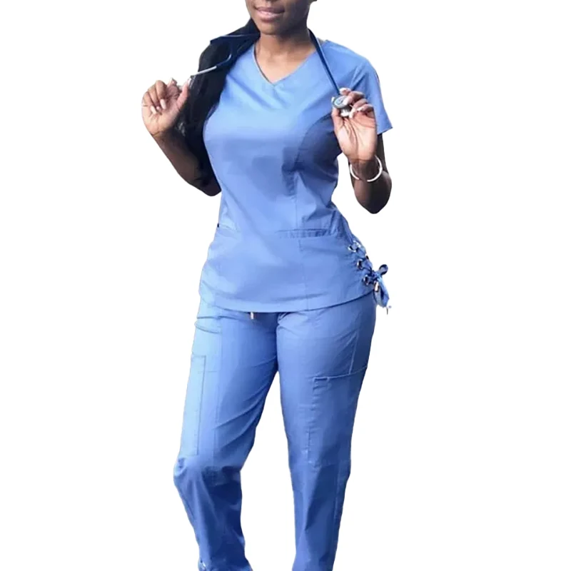 yuhong factory new design hot sale custom good price women tops and pants jumper stretch nursing ceil blue scrub uniform set