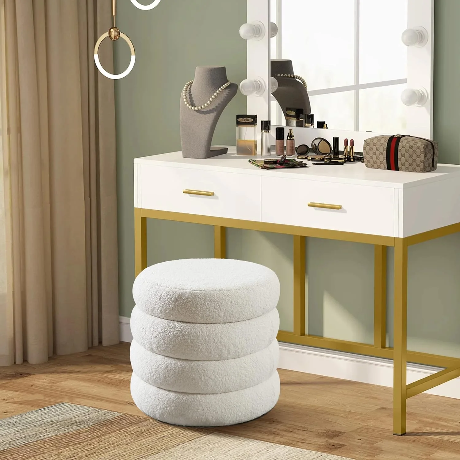 Modern Furniture Boucle Fabric Round Soft Tufted Footstool Storage Ottoman with Removable Lid for Living Room