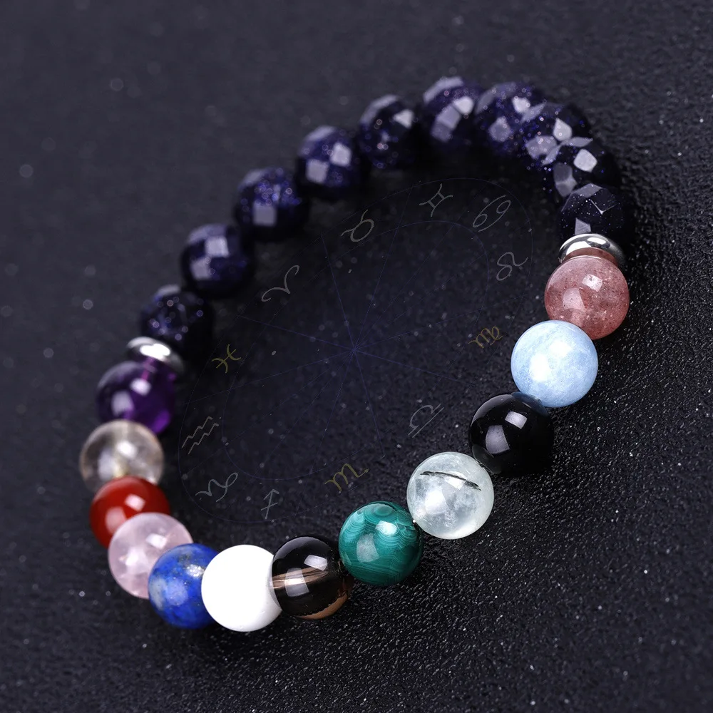 Natural Blue Sandstone Beaded Bracelets 12 Zodiac Signs Couple Bracelet Men Elastic Bracelets For Women Jewelry