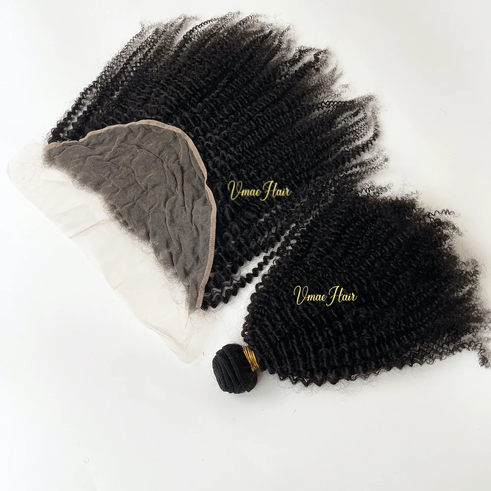 VMAE Raw Afro Kinky Curly Wavy Bundles Human Hair with Frontal and Closure Cuticle Aligned Hair 13x6 HD Lace Frontal