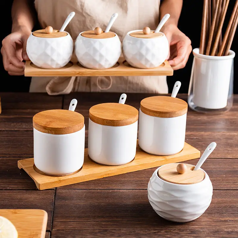3 Piece Set Kitchen Unique Pattern Sugar Bowls Condiment Jar Ceramic Seasoning Can with Spoon and Bamboo Lid