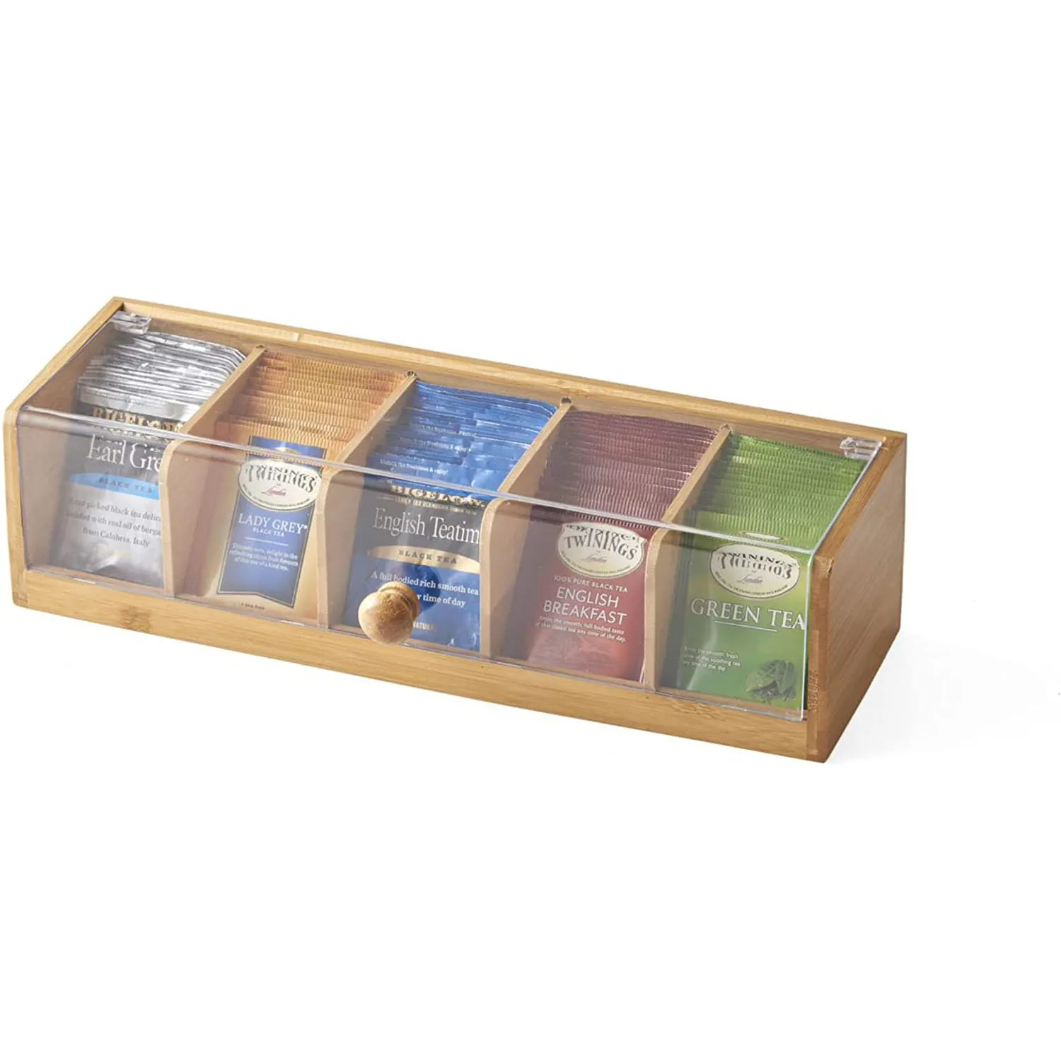 Bamboo Tea Box with 5 Compartment Tea Chest Organizer