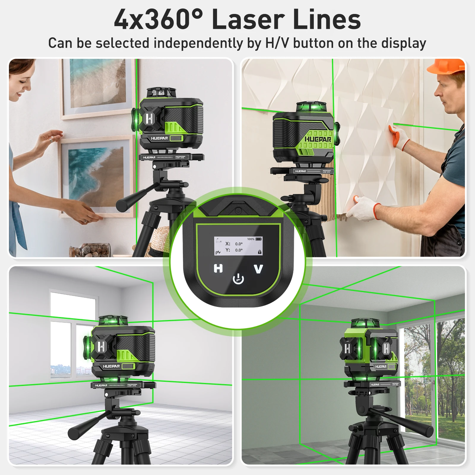 Huepar Z04CG самовыравнивающийся 4D лазерный уровень многоступеночный 16-зеленый луч вращающийся 360 для стены