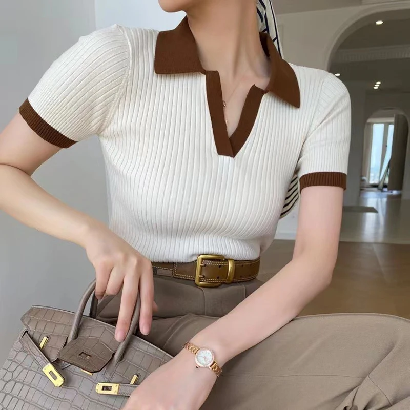 TY990 Wholesale 2024 solid Turn-down Collar short Sleeve knit T Shirt Tops Women Mesh Blouses 7