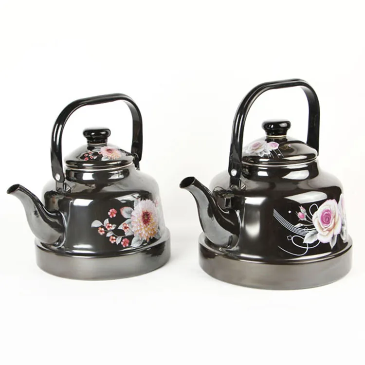 China custom fashion enamel kettle high quality water piece decal bell-shaped black enamel kettle