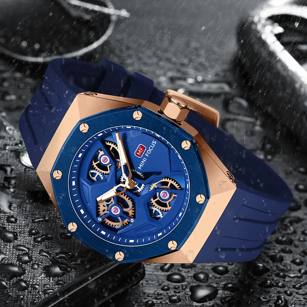 Mini Focus MF0422G Wholesale Blue Gents Quartz Watch Stylish Silicone Band Water Proof Skeleton Vintage Casual Wrist Watch