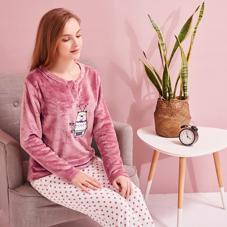 Two Pieces Set Women Best Selling Soft Flannel Animal Women Wholesale Printed Pajamas