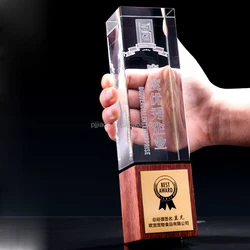 Customized Individual Name Engraved High Quality cube 3D laser inside Crystal glass  Award Trophy with wood base Souvenir Gifts