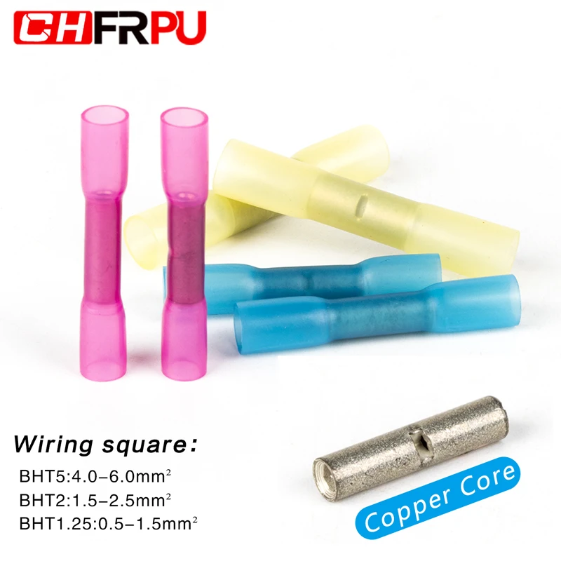 BHT1.25 AWG 22-16 heat shrinkable butt connector insulated waterproof heat shrink crimp terminal wire connector 50pcs/bag