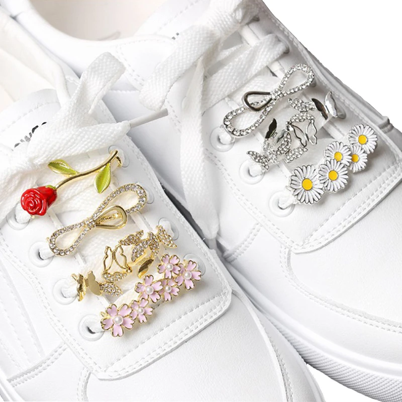 Metal Shoelace Buckle Pearl Bow Shoe Accessories Shiny Rhinestones Women Shoes Decorative Accessory Shoelaces Decoration