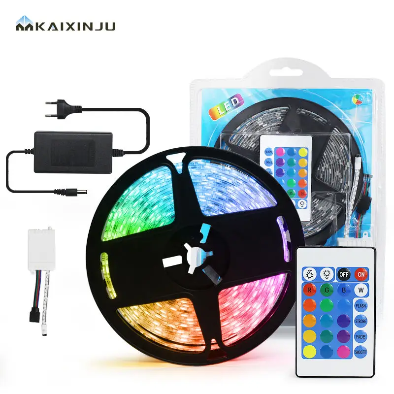 Hot Sale 5M Dc12v smd 5050 led strip light RGB 24Key IR Remote Controller Adapter New Complete kit/set smd 2835 led strip light
