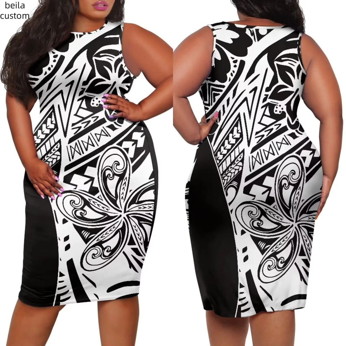 custom Puakenikeni samoan classic pattern suspenders plump women white party sundress