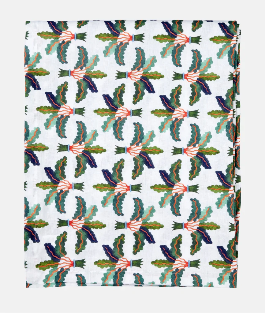 High Quality 100% Linen Fabric with Green Palm Tree Pattern Woven Linen Fabric for Dress Bags Skirt and Table Decoration