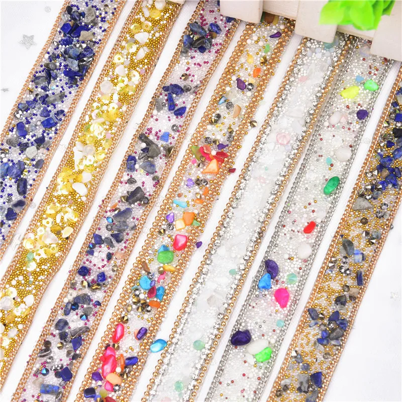 Factory wholesale 2CM wide fancy chain crushed stone beads strip rhinestone belt adhesive tape DIY decor garment shoes sticker