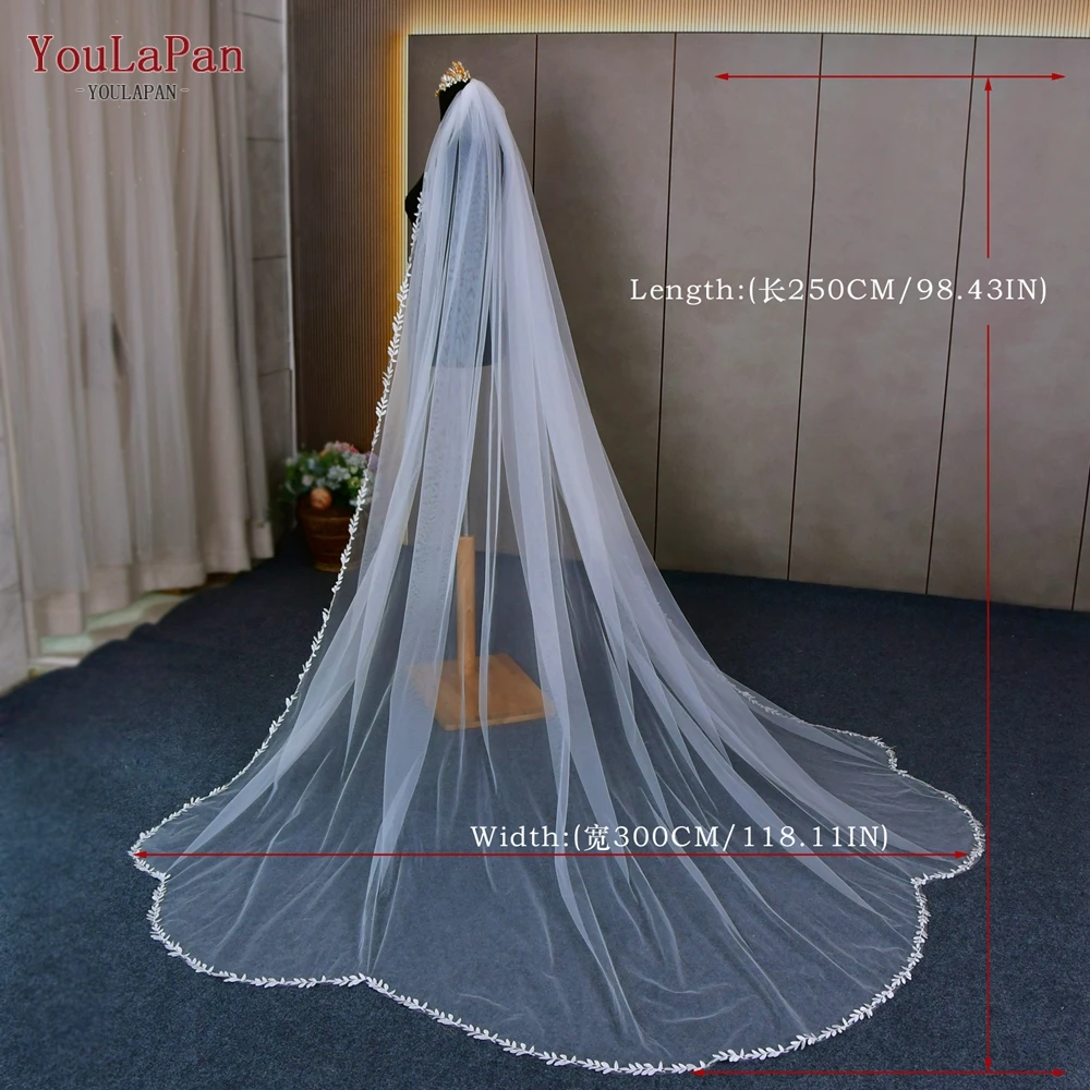 YouLaPan V142 White Ivory Single Layer Thin Scallop Leaves Applique Trim Veil Cathedral Wedding Bridal Veil