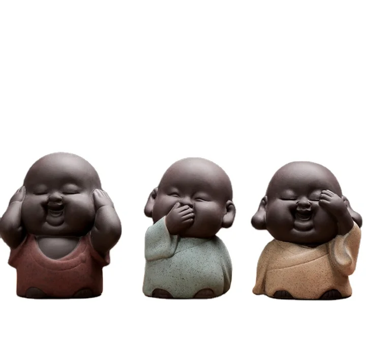 Three Cute handmade ceramic baby little  buddha head statue mold monk for home decor