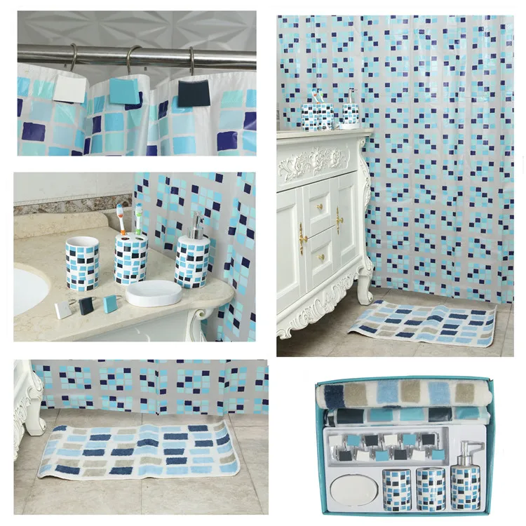 Plastic Printing Shower Curtain with Resin Hooks for Bathroom Accessory Set of 18 Plastic Shower Curtain Bath Accessories Sets