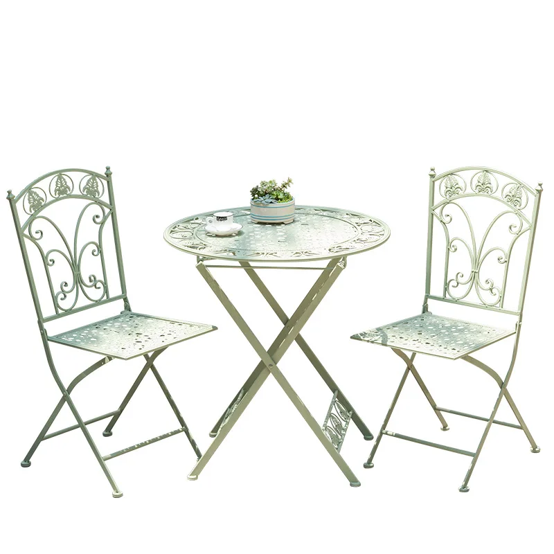 Outdoor folding wrought iron color table and chairs garden courtyard 3 pieces of furniture 1 table 2 chairs