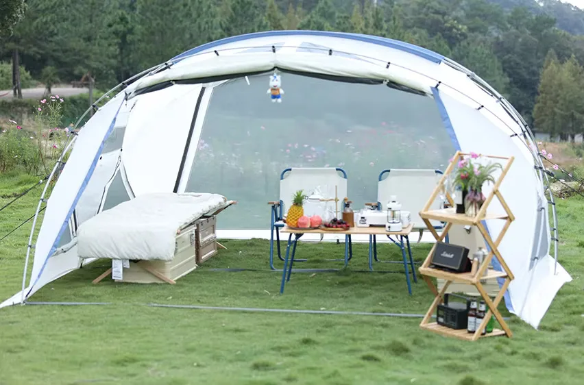 OEM hot Sale folding trips tents waterproof camping tents for rain season cross pole family glamping tent for gathering