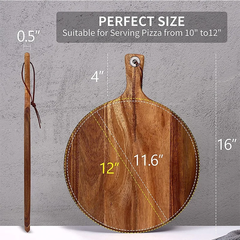 Custom  Paddle Shape Round Wooden Pizza Plate Tray Acacia Wood Pizza Cutting Board