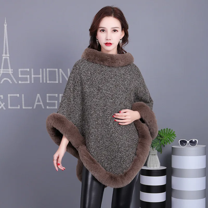 New Imitation Rex Rabbit Fur Faux Fur Trim Pashmina Designer Poncho Fur Shawls With Sleeves