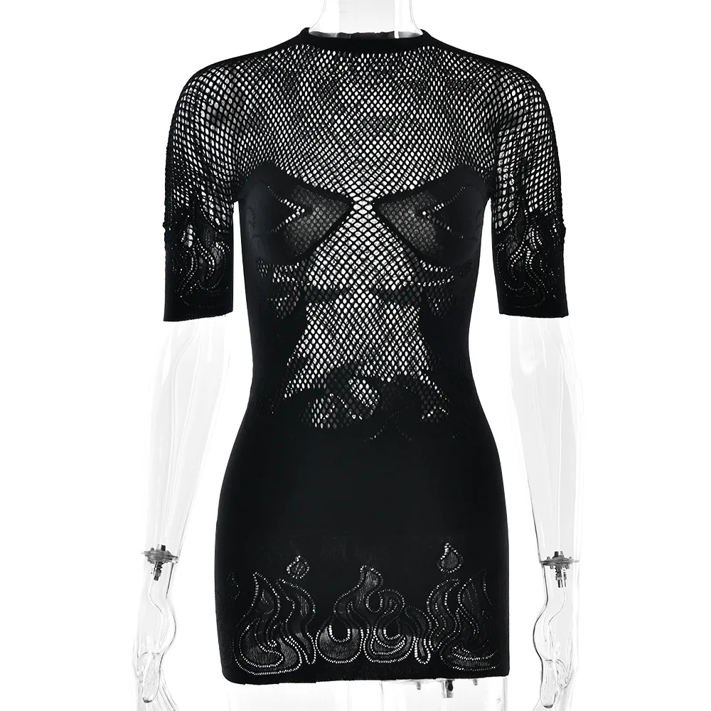 X17309C High Stretch Sheer Mini Dress Women Basics Solid Color O Neck Short Sleeve Slim Bodycon Party Sexy Dresses Fashion