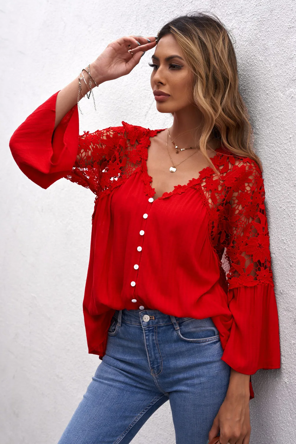 Wholesale Women Ladies  Lace Hollow Out Puff Sleeve Polka Dot Chiffon Tops Shirts Blouse 2024