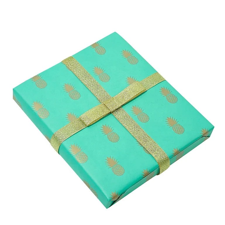 
All Occasion Custom Printing Gold Foil Pineapple, Blue Wrapping Paper Roll for Gift Packaging 