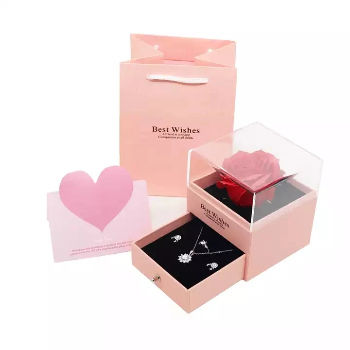 Acrylic Transparent Cover Drawer Ring Necklace Jewelry Box Rose Gift Box Valentines Day Mother Mom Love Day Flower Gift Box