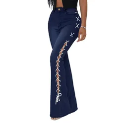 Drawstring Denim Jeans Women Ripped Hole Stretch Jean 2021 Sexy Slim High Waist Ladies Full Length Pencil Pants