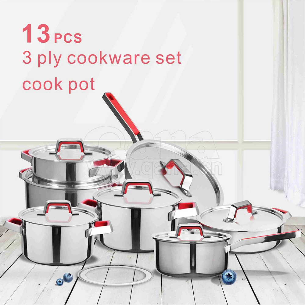 QANA Factory Wholesale OEM silicon complex handle stainless steel cover 3 ply cookware sets kitchenware cooking pot soup pot