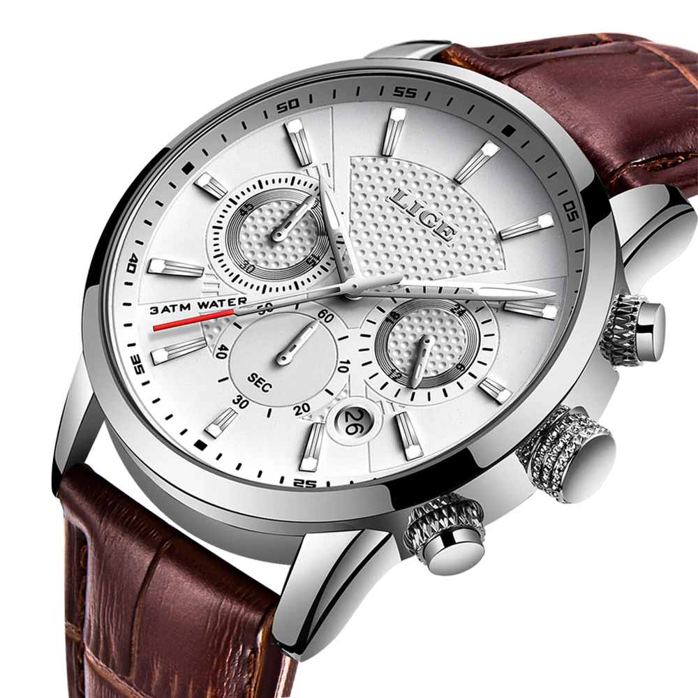 Часы LIGE мужские кварцевые с кожаным ремешком, модные спортивные водонепроницаемые в стиле милитари, с хронографом, 2020