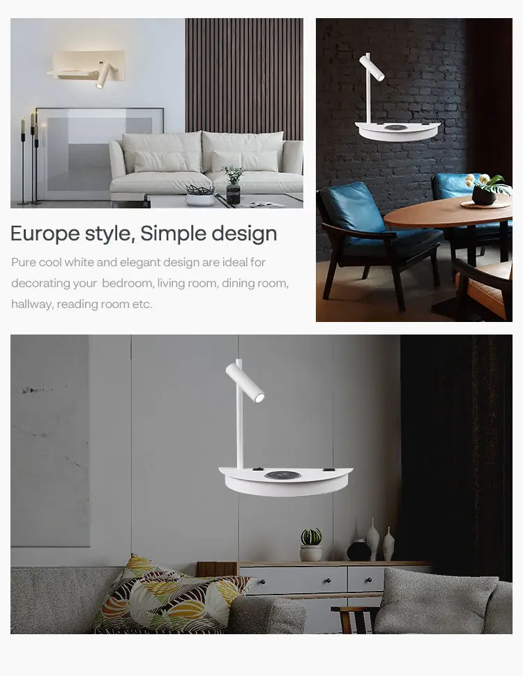 3W Indoor Reading Light USB Rechargeable Bedside Bedroom LED Wall Lamp With Wireless Charging