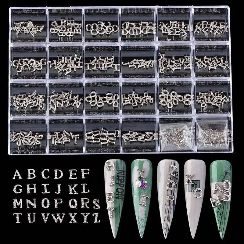 Hot sale New Type Gold Nail Crystal Rhinestone English 3D Letters Nail Art Charms Zircon Stud Box For Nails