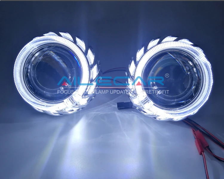 ALECAR Wholesale 2.5 inch Mi ni H1 turine shrouds bi xenon headlight projector lens with dual led multi-colored angel eyes