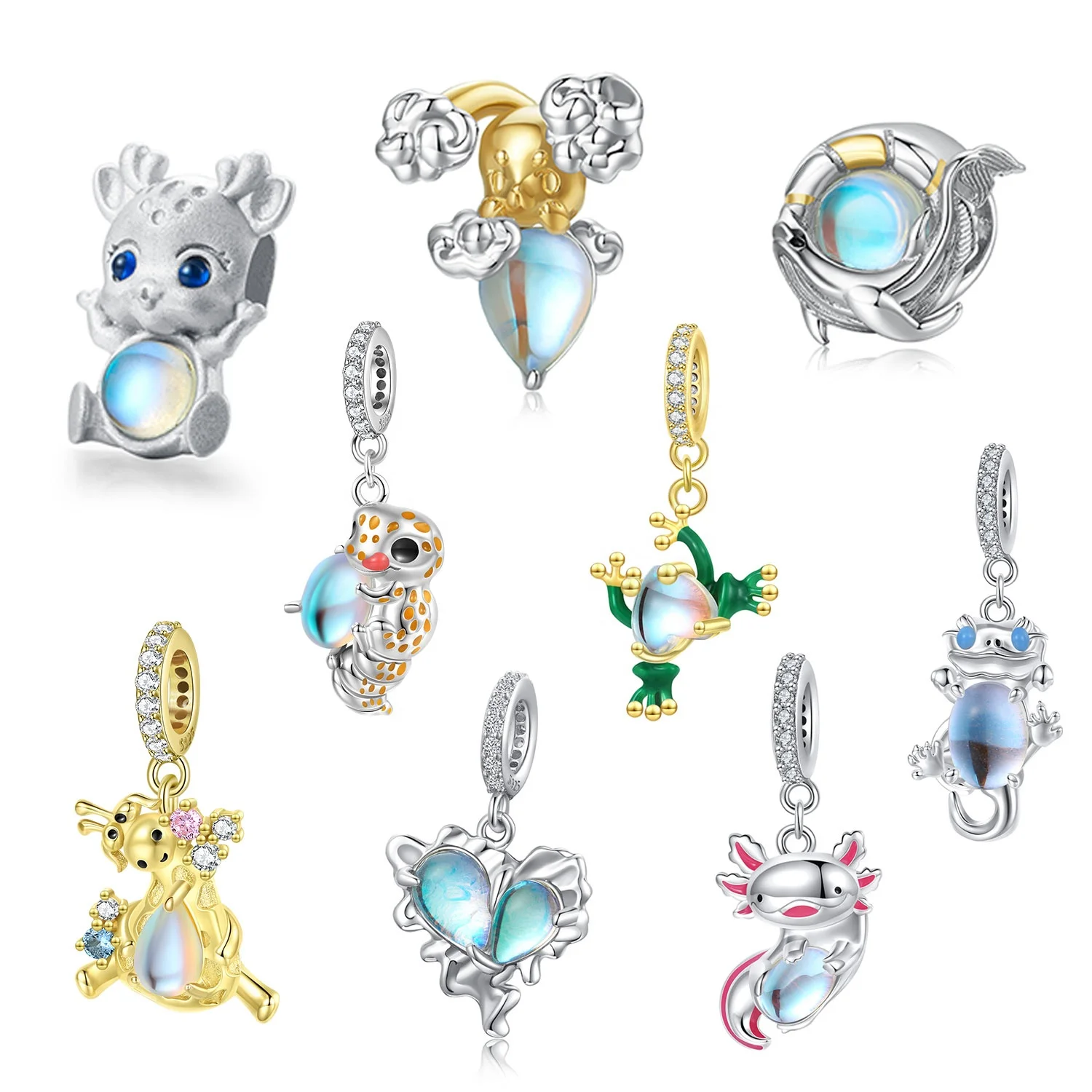 Cute Animal Giraffe Frog Caterpillar Moonstone Pendant 925 Sterling Silver Heart Charm beads for Bracelet Women Jewelry making