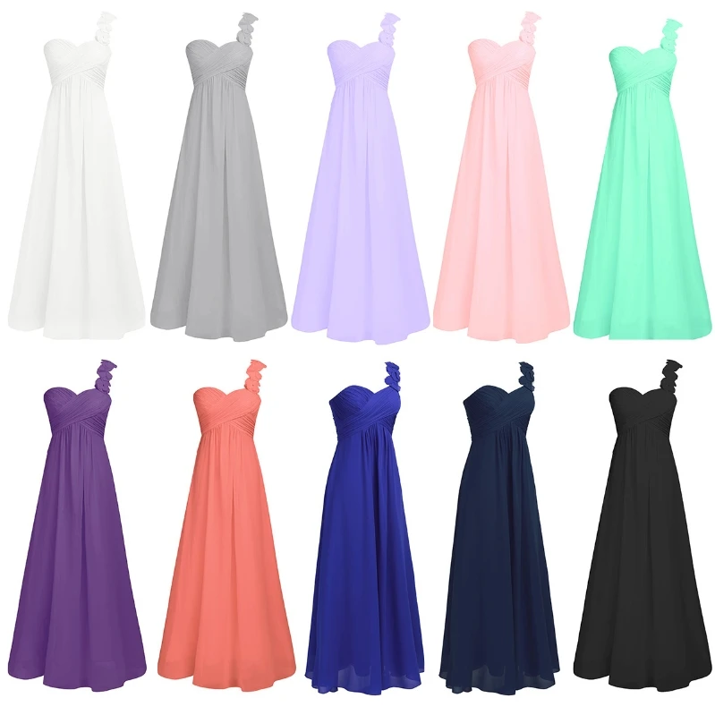 Women Ladies Chiffon Pleated One-shoulder Floor-length Bridesmaid Party Long Dress Evening Prom Gown