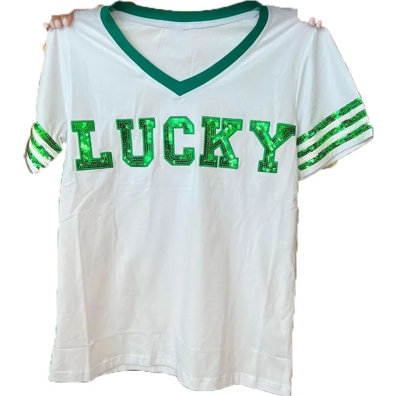 Wholesale Sequin Detail Game Day T-shirt Custom Logo Womens Sequin V Neck Top Sequin Lucky V-Neck Tee