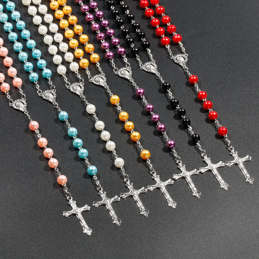 8mm Imitation Pearl Colorful Rosary Necklace Crucifix Pendant Pray Rosary Beads Religious Jewelry