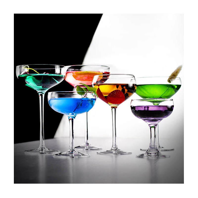 Высококачественные бокалы для шампанского с длинным стержнем с логотипом на заказ, бокалы для коктейлей, бокалы для мартини, бокалы для коктейлей