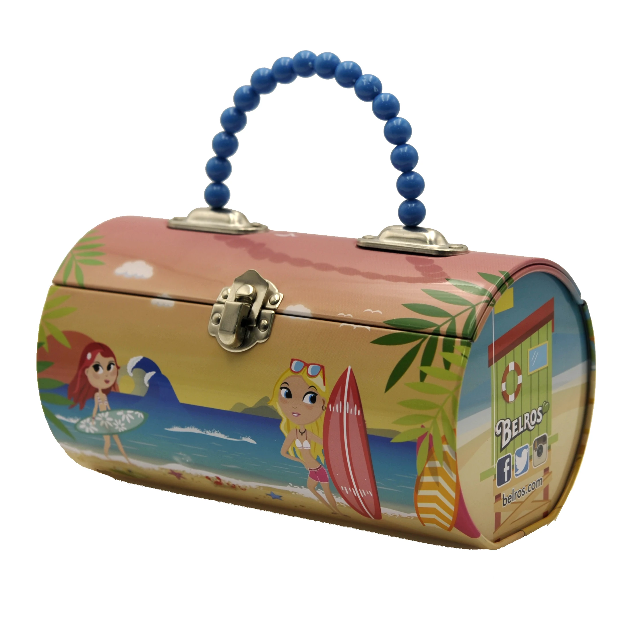 Stylish Cylinder Colorful Lunch Tin Box With Beads Handle gifts package