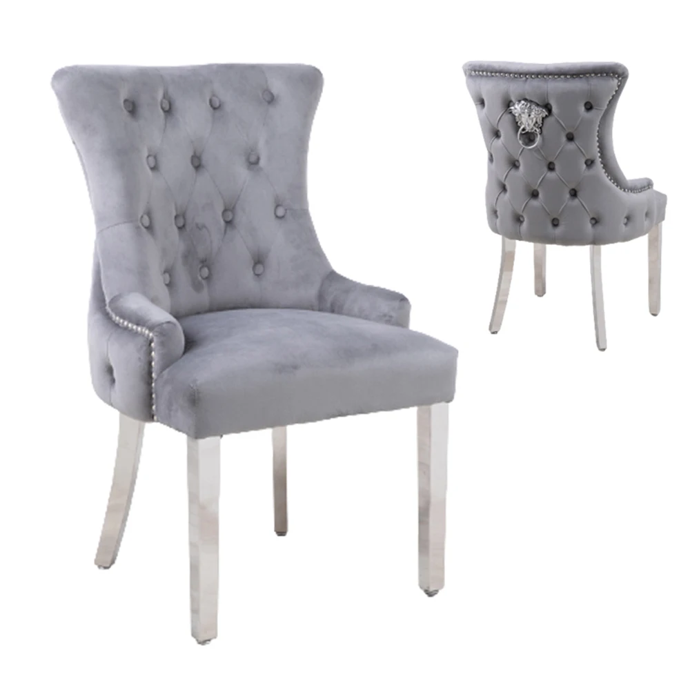 Antique velvet tufted back stainless steel metal dining chair with adjustable nails