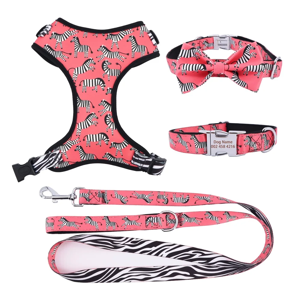 Popular Custom Design Dog Harness with Matching Collar Leash Bow Tie and Bandana Set Neoprene Reversible Dog Harness Vest